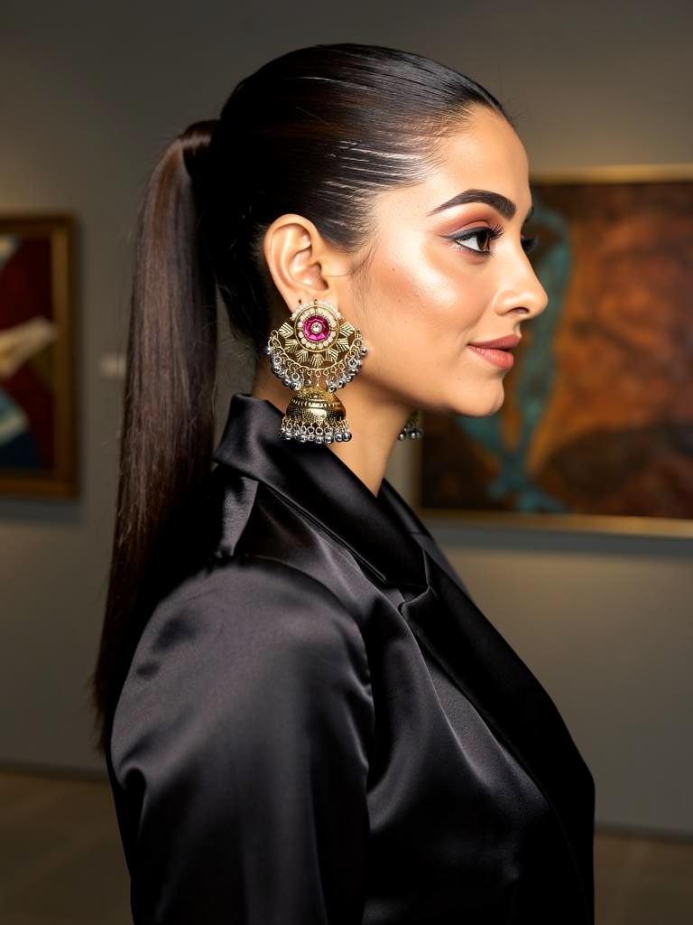 Indian woman wearing a statement Maharani jhumka
